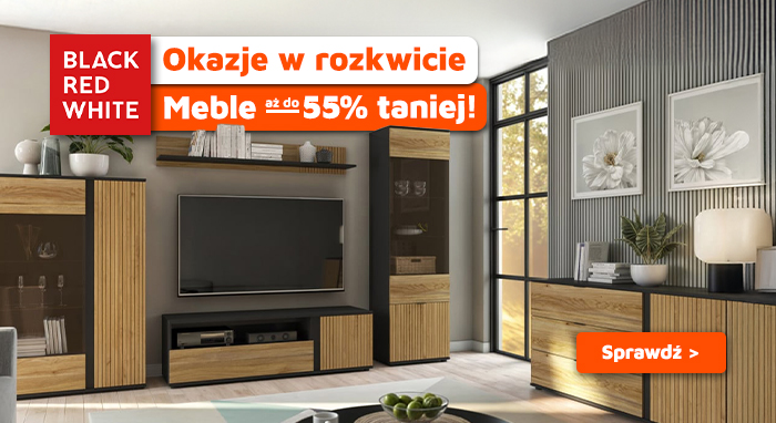 Modern living room with oak-effect furniture by a large window and BLACK RED WHITE sale banner advertising up to 55% off