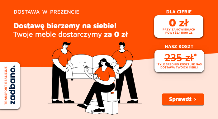 Banner showing three cartoon movers with a sofa and boxes on an orange background, advertising free furniture delivery (0 zł)
