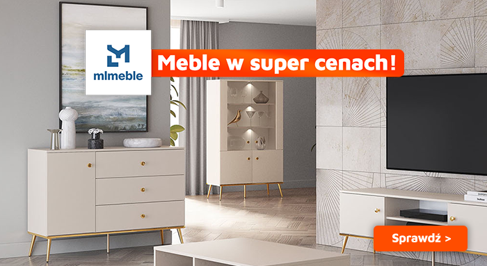 Modern beige living-room furniture set (cabinet, TV stand, coffee table) with mlmeble sale banner: 'Furniture at great prices'