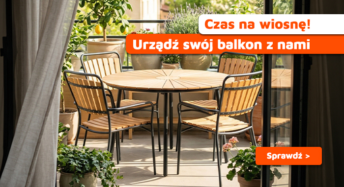 Sunlit balcony with round wooden table and four slatted chairs, potted plants and herbs, Polish banner promoting spring makeover.