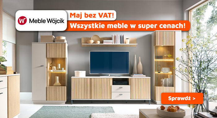 Modern living room with Meble Wójcik light wood TV unit, display cabinets, shelving and plant, promotional sale banner.