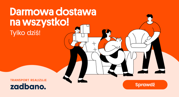 Promotional orange banner showing three people carrying boxes, sofa and chair with a cat; Polish text advertising free delivery today