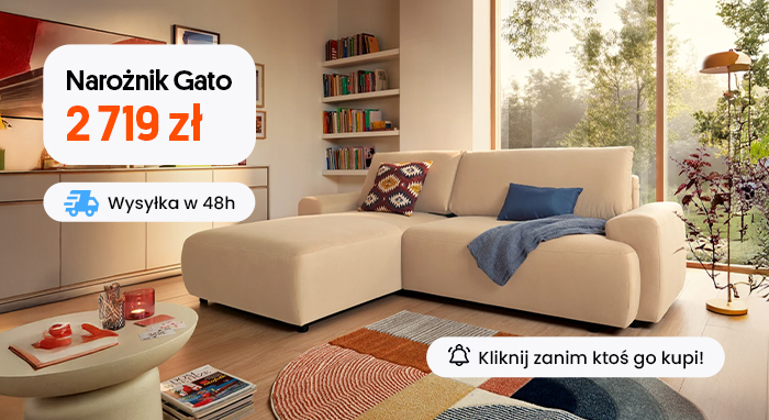 Beige Gato L-shaped corner sofa (2,719 zł) in modern living room with cushions, throw and coffee table
