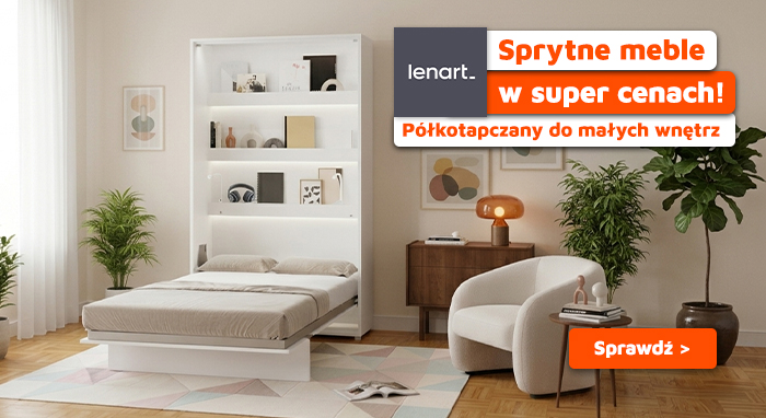 Modern compact room with white wall-mounted Murphy bed and shelves, bedding, armchair, wooden side table, rug and plants