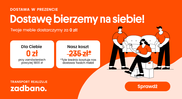 Promotional banner with orange background showing three people moving a sofa and boxes, advertising free furniture delivery for orders over 1800 zł