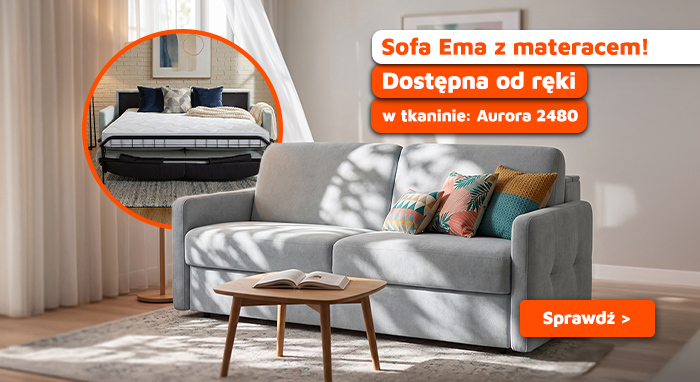 Light grey sofa bed with colourful cushions and coffee table in a sunlit living room; inset shows pulled-out mattress and bed frame