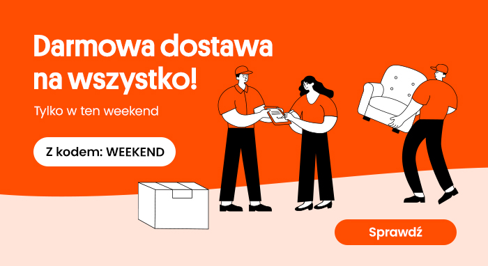 Banner: free delivery on all items this weekend, code WEEKEND; courier handing package and person carrying armchair