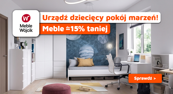 Children's bedroom with planet mural, white storage, desk and chair; promotional banner offering furniture up to 15% off