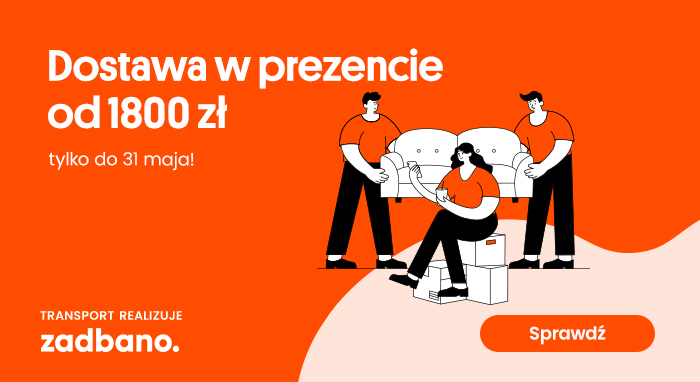 Illustration of three people moving a sofa and boxes with 'Free delivery from 1800 zł until 31 May' promotion in Polish