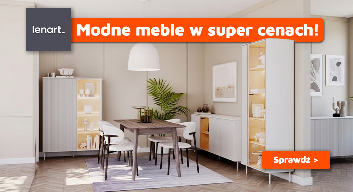 Modern dining room with wooden table, white chairs and lit display cabinets — contemporary furniture sale banner