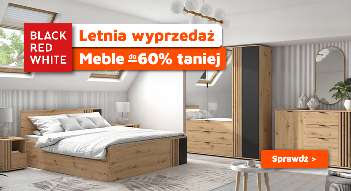 Modern oak bedroom set with bed, wardrobe, dresser and bedside tables under skylights; summer sale banner up to 60% off