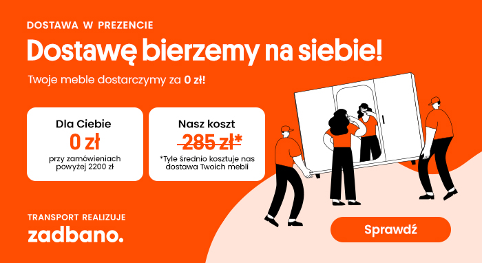 Promotional orange banner showing movers carrying a wardrobe, text about free furniture delivery and a 'Find out' button