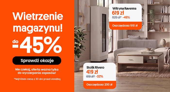 Warehouse clearance banner – up to 45% off furniture; living room scene with sofa, coffee table and wardrobe and highlighted discounted prices