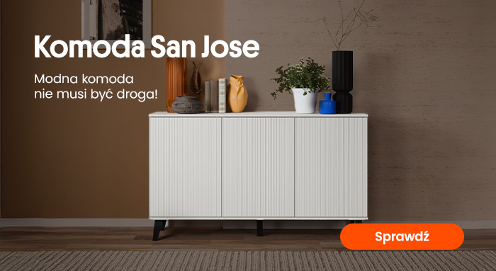 White San Jose sideboard against a brown wall with decorative vases, plant and books in a modern living-room setting