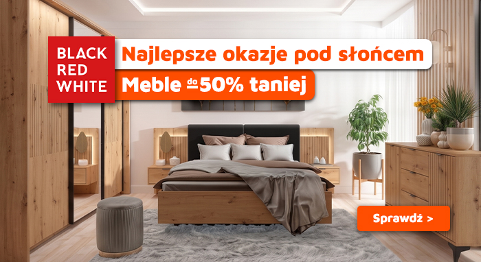Modern wooden bedroom set with bed, bedside tables and dresser, Black Red White sale banner offering furniture up to 50% off