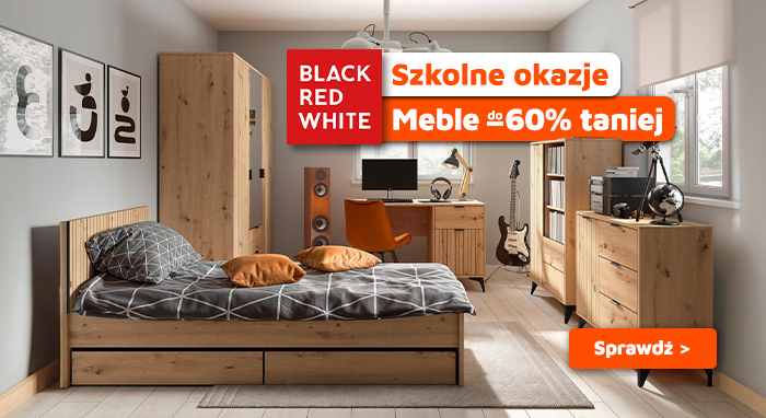 Modern wooden student bedroom set with bed, wardrobe, desk and shelving, promotional banner advertising up to 60% off