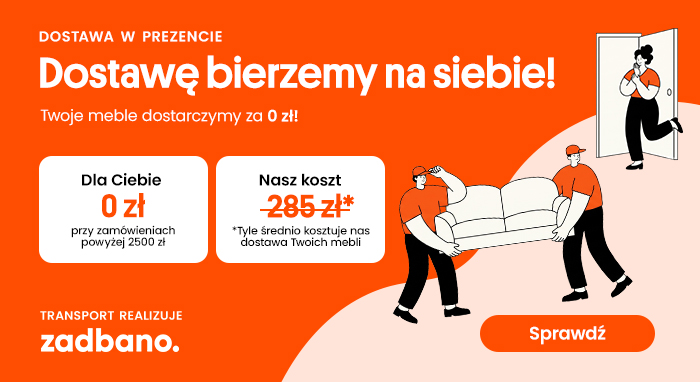 Promotional banner showing two movers carrying a sofa to a doorway, advertising free furniture delivery (0 zł) on orders over 2500 zł