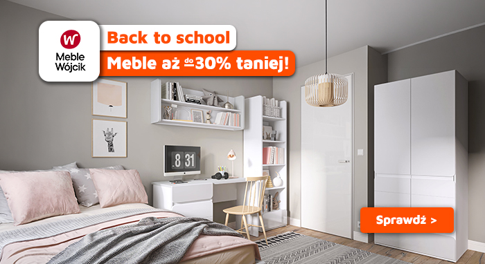 Bright modern bedroom with white wardrobe, study desk and shelving, pink bedding and chair — back-to-school furniture sale banner