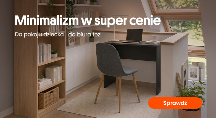 Minimalist attic home office with wooden shelving, compact desk and grey chair by a skylight, laptop and potted plants