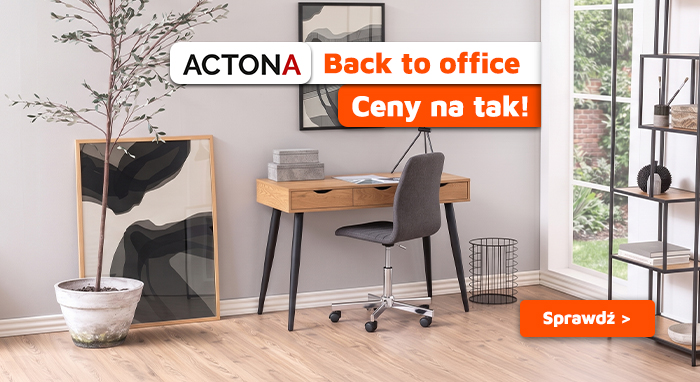 Actona 'Back to office' promotional scene: minimalist home office with wooden desk, grey swivel chair, potted plant and window