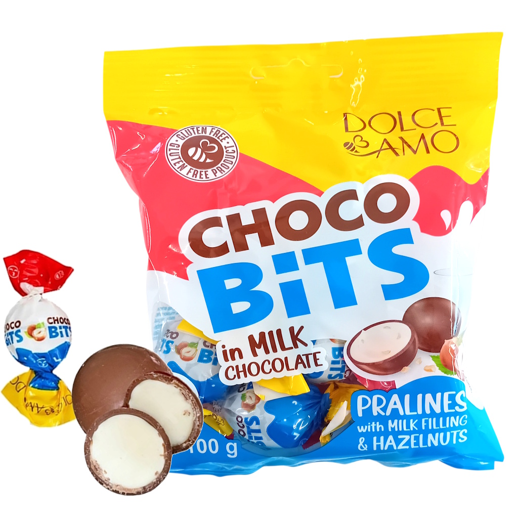 Dolce Amo Choco Bits hasselpähkinä maitosuklaakonvehdit 100g