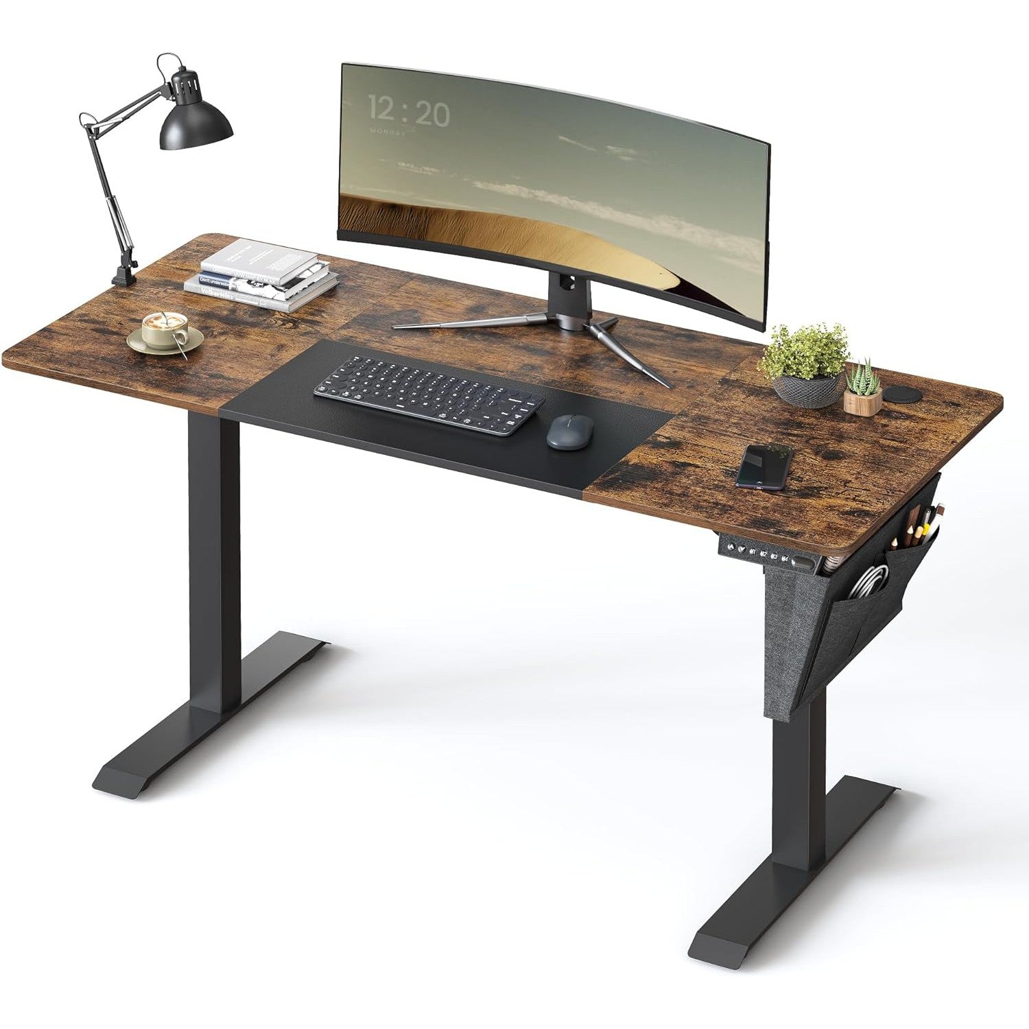 Image of Állítható magasságú elektromos íróasztal 140 x 60 x (72-120) cm, vintage barna/fekete