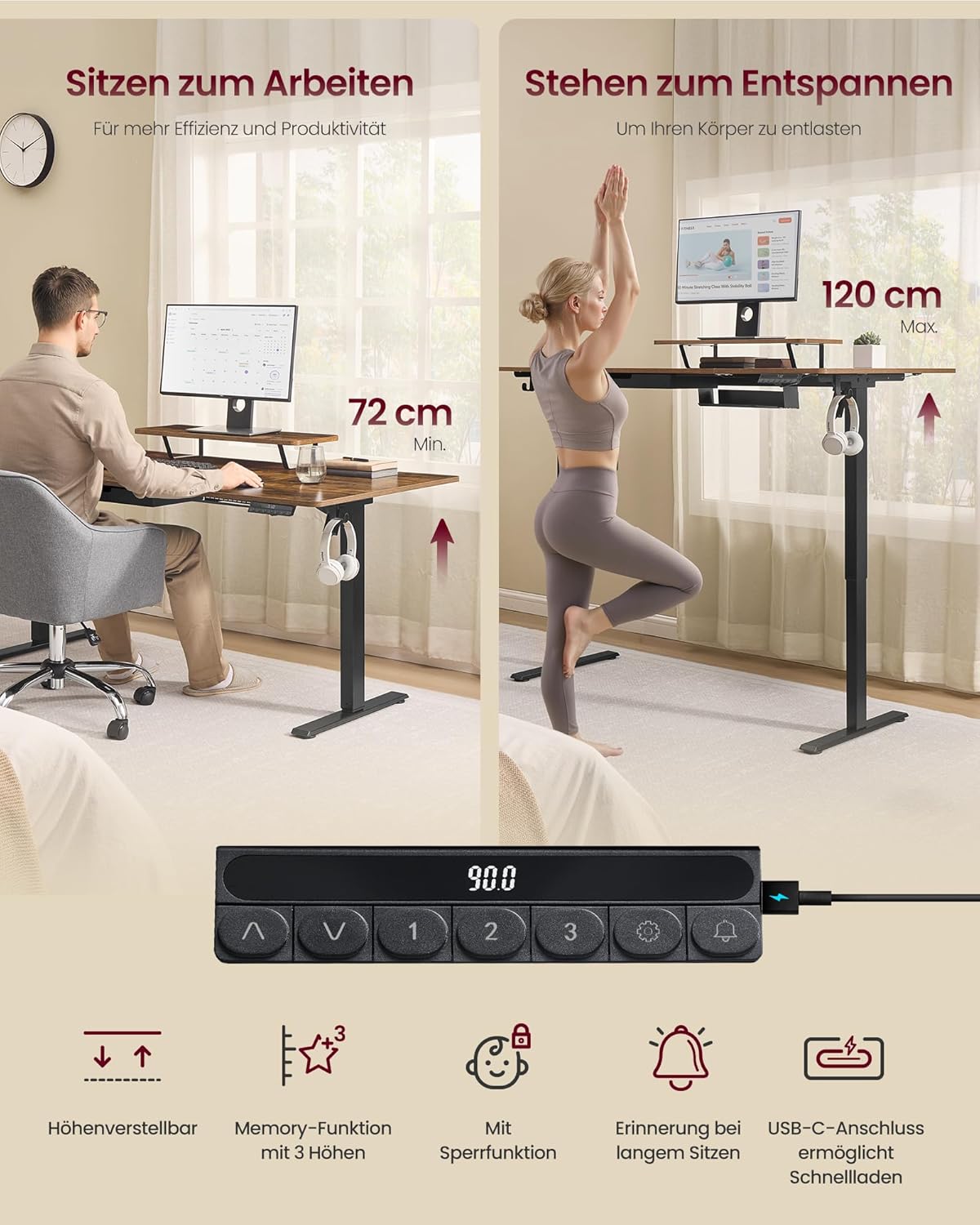 Image of Magasságállítható íróasztal, 160 x 80 cm, vintage barna