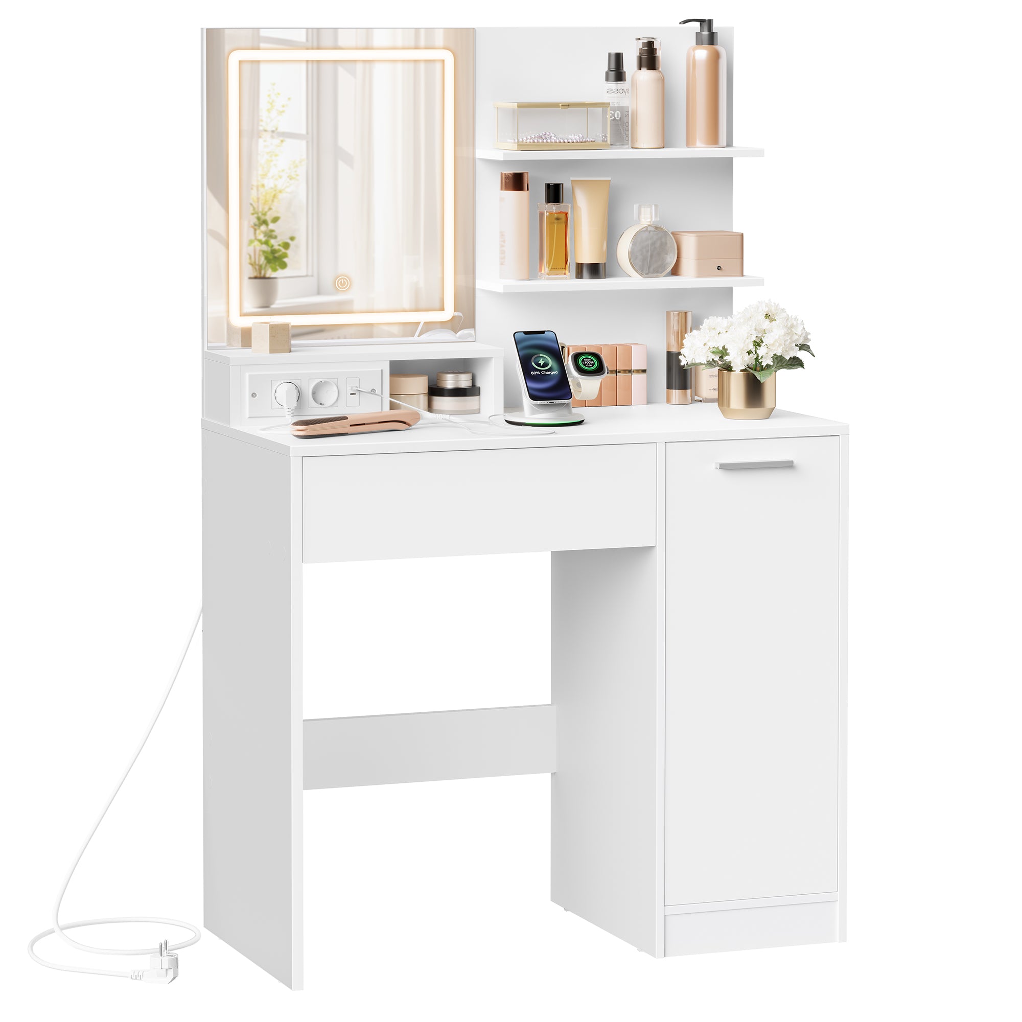 Image of Fésülködőasztal LED-es tükörrel és elosztóval, fehér