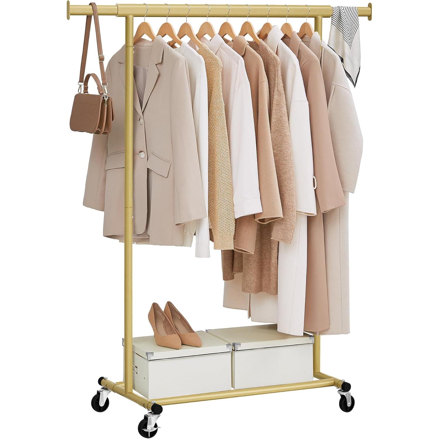 Image of Gurulós ruhatartó állvány, nagy teherbírású 100 kg, 45 x (92–132) x 161,5 cm, világos arany