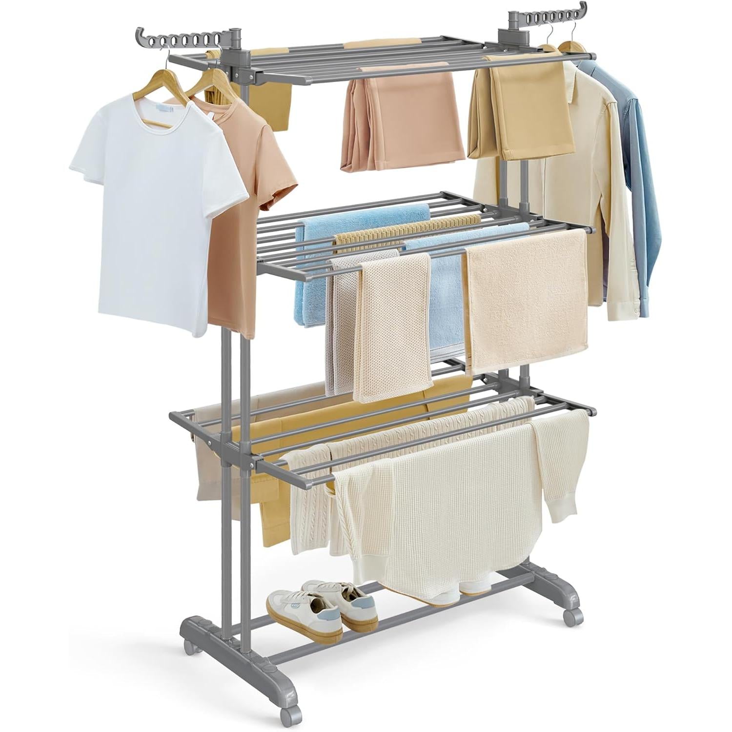 Image of Összecsukható 4 szintes ruhaszárító állvány, mozgatható, 64 x 126 x 172 cm, rozsdamentes acél, lehajtható szárnyakkal, szürke