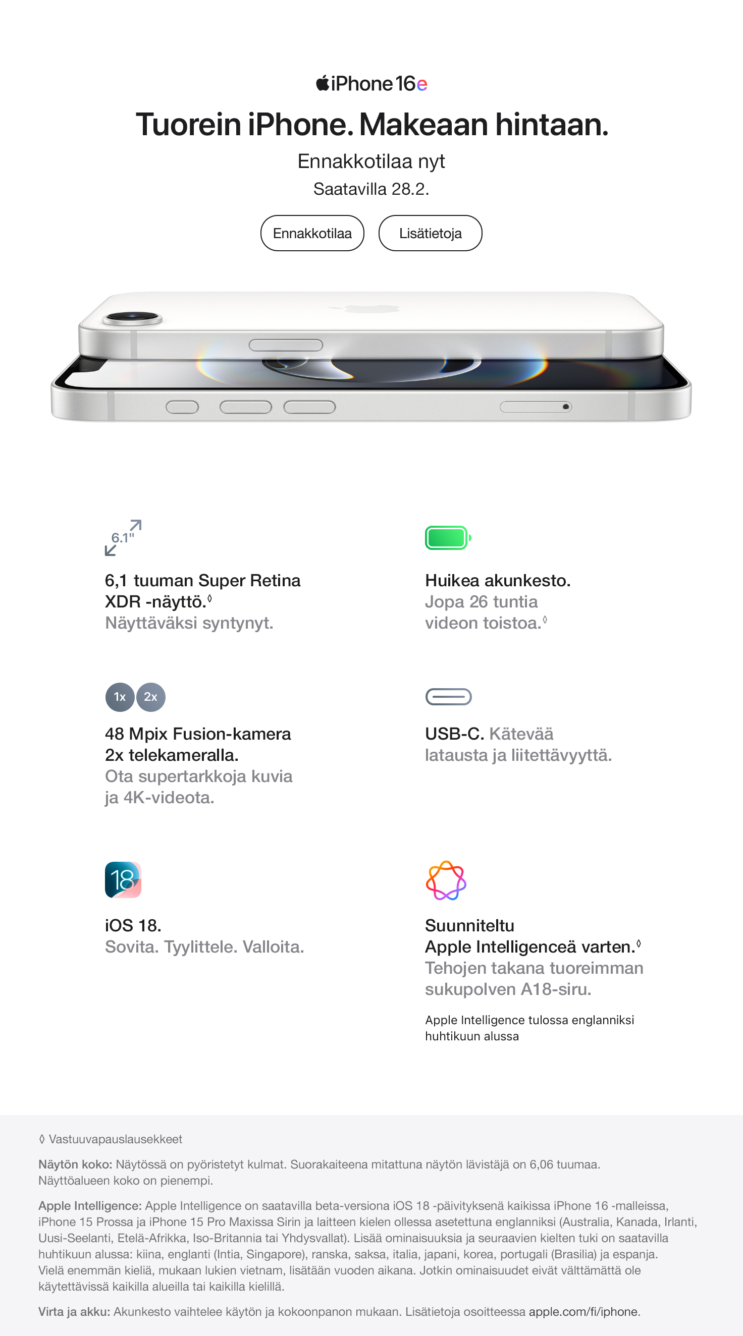 Apple iPhone 16e ennakkotilattavissa 21.2. klo 15.00