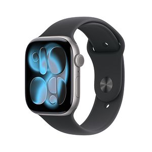 Apple Watch Series 11 (GPS) 46 mm tähtiharmaa alumiinikuori ja musta urheiluranneke, S/M