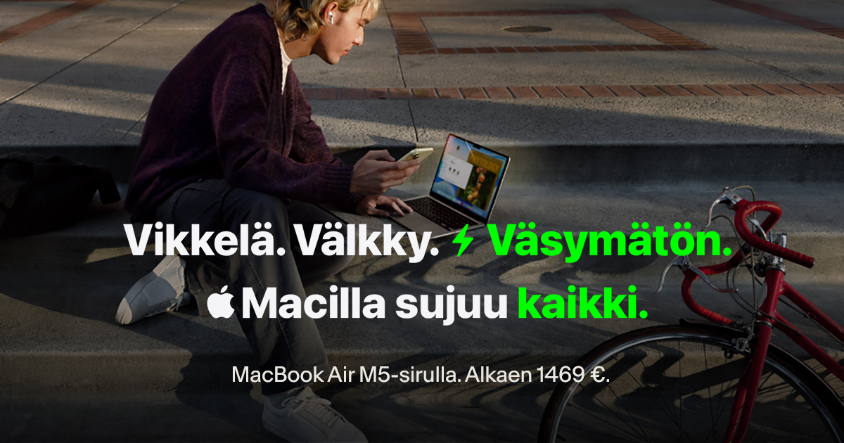 Vikkelä. Välkky. Väsymätön. Macilla sujuu kaikki. MacBook Air M5-sirulla. Alkaen 1469 €