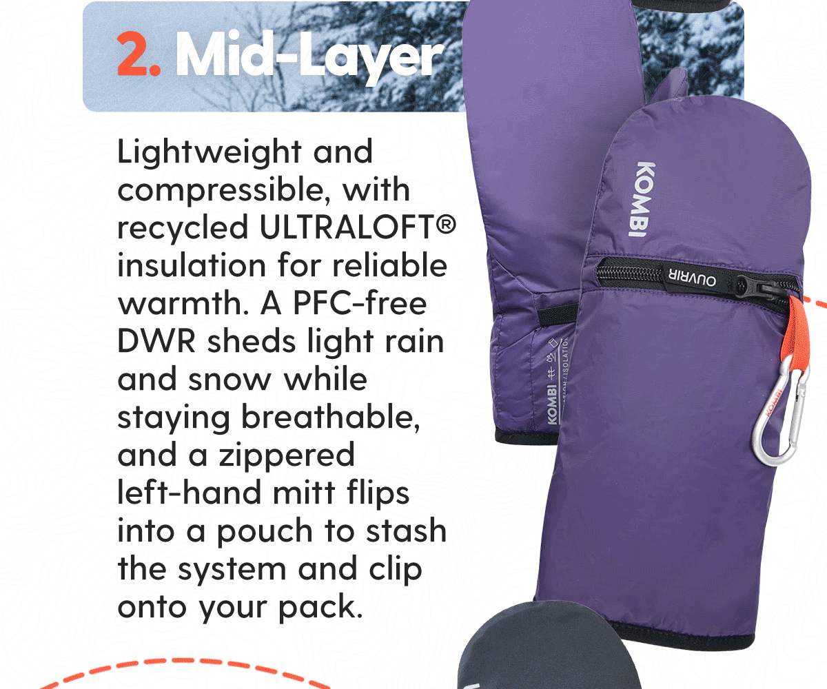 2. Mid-Layer - Lightweight and compressible, insulated with 200 g/m² ULTRALOFT® (60% recycled) for reliable warmth. A PFC-free DWR sheds light rain and snow while staying breathable, and a zippered left-hand mitt flips into a pouch to stash the system and clip onto your pack.