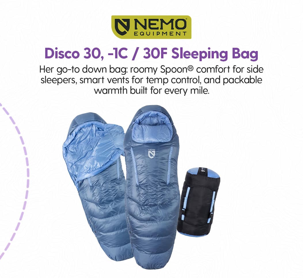 Shop NEMO Equipment Women's Disco 30 -1C/30F Sleeping Bag - Her go-to down bag: roomy Spoon® comfort for side sleepers, smart vents for temp control, and packable warmth built for every mile.