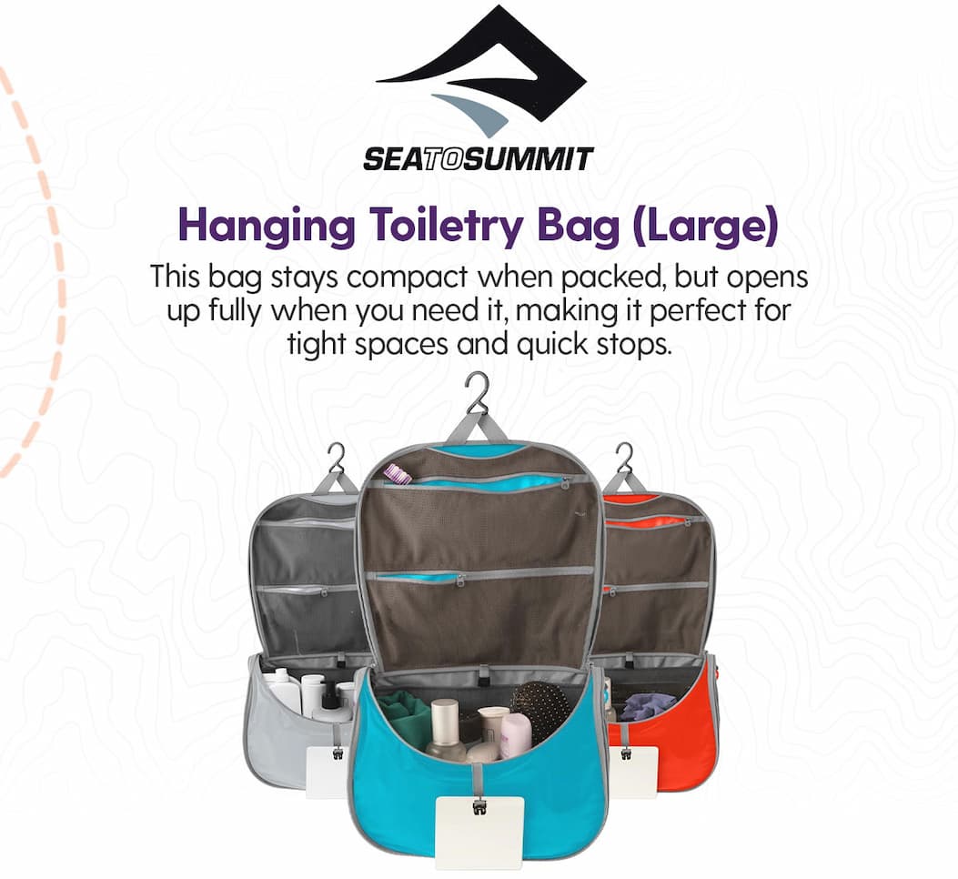 Sea to Summit Hanging Toiletry Bag (Large): This bag stays compact when packed, but opens up fully when you need it, making it perfect for tight spaces and quick stops.