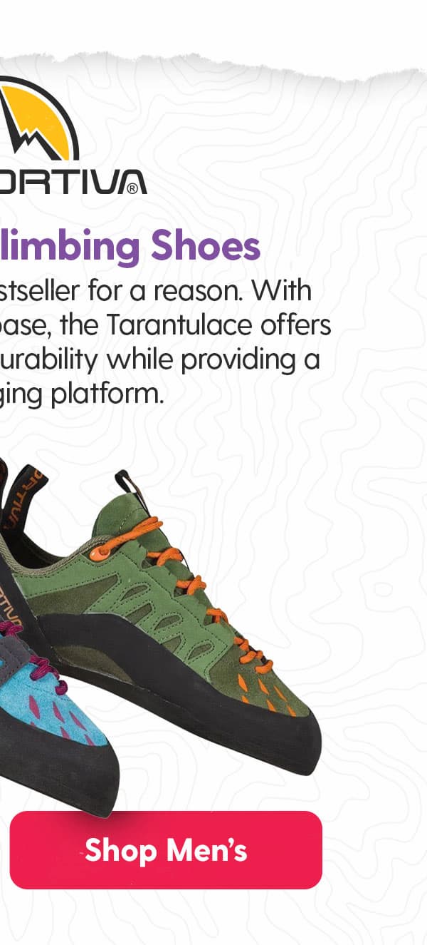La Sportiva Men's Tarantulace Climbing Shoes: This do-it-all shoe is a bestseller for a reason. With FriXion® RS rubber at the base, the Tarantulace offers sticky, yet hard wearing durability while providing a powerful edging platform.