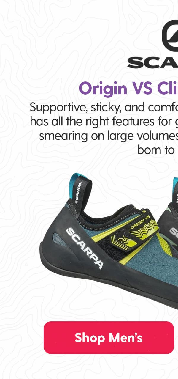 Scarpa Origin VS Women's Climbing Shoes: Supportive, sticky, and comfortable, the Scarpa Origin VS has all the right features for grabbing in steep terrain and smearing on large volumes. Translation: this shoe was born to boulder.