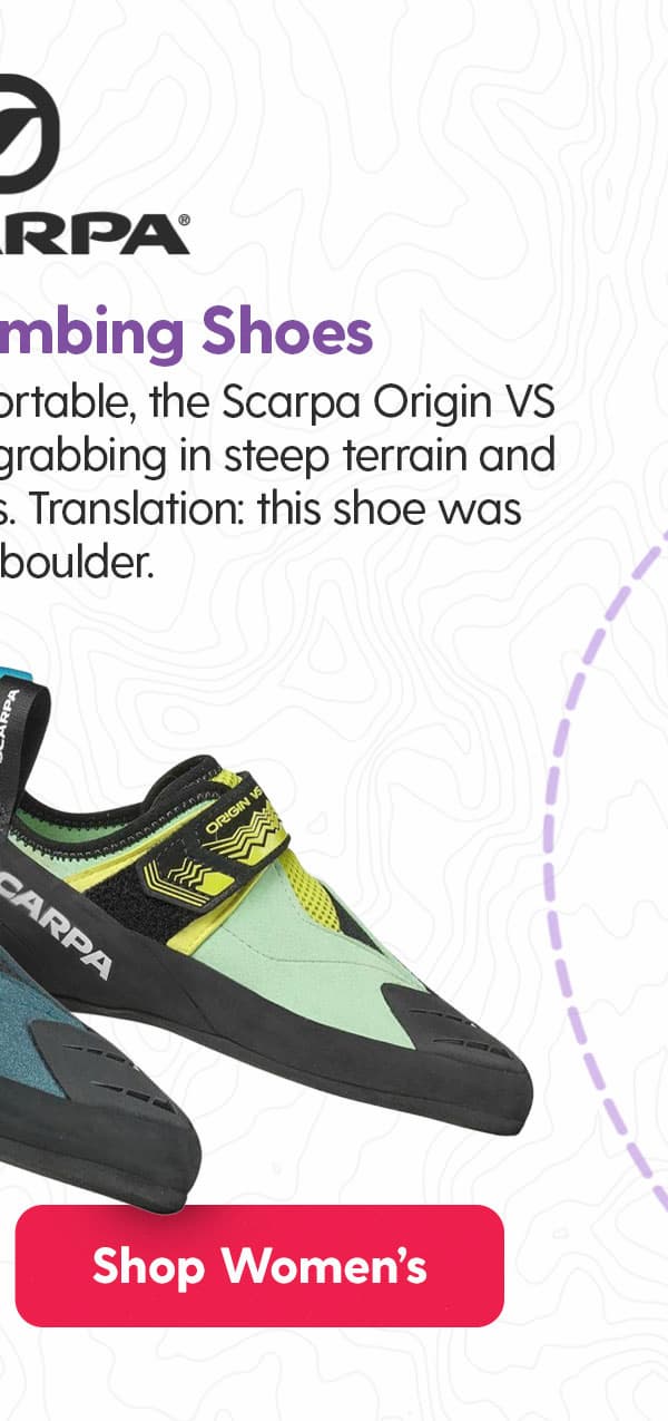 Scarpa Origin VS Men's Climbing Shoes: Supportive, sticky, and comfortable, the Scarpa Origin VS has all the right features for grabbing in steep terrain and smearing on large volumes. Translation: this shoe was born to boulder.