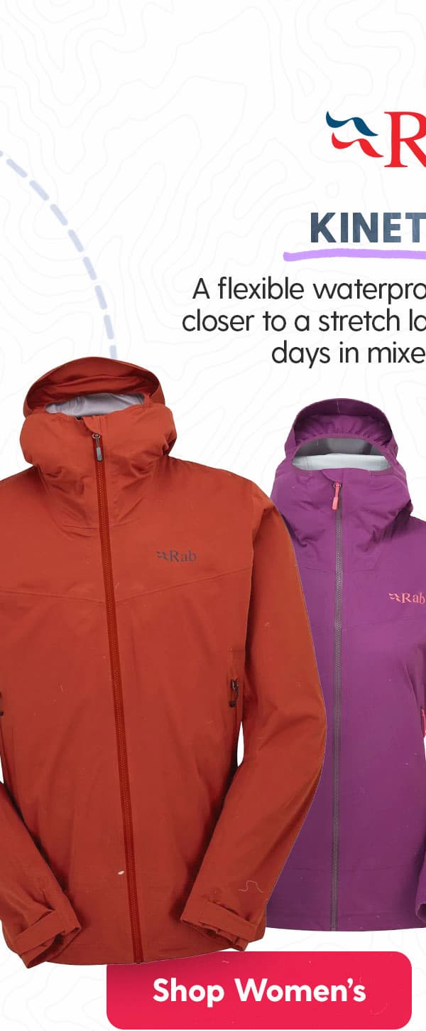 Rab Women's Kinetic 2.0: A flexible waterproof jacket that feels closer to a stretch layer—ideal for active days in mixed conditions.