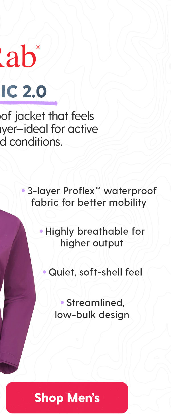 Rab Men's Kinetic 2.0: A flexible waterproof jacket that feels closer to a stretch layer—ideal for active days in mixed conditions.