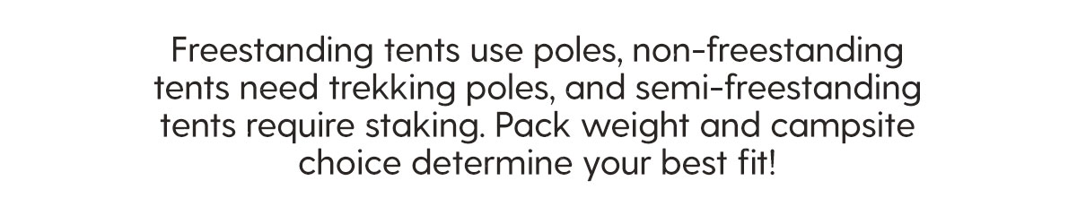 Freestanding tents use poles, non-freestanding tents need trekking poles, and semi-freestanding tents require staking. Pack weight and campsite choice determine your best fit.