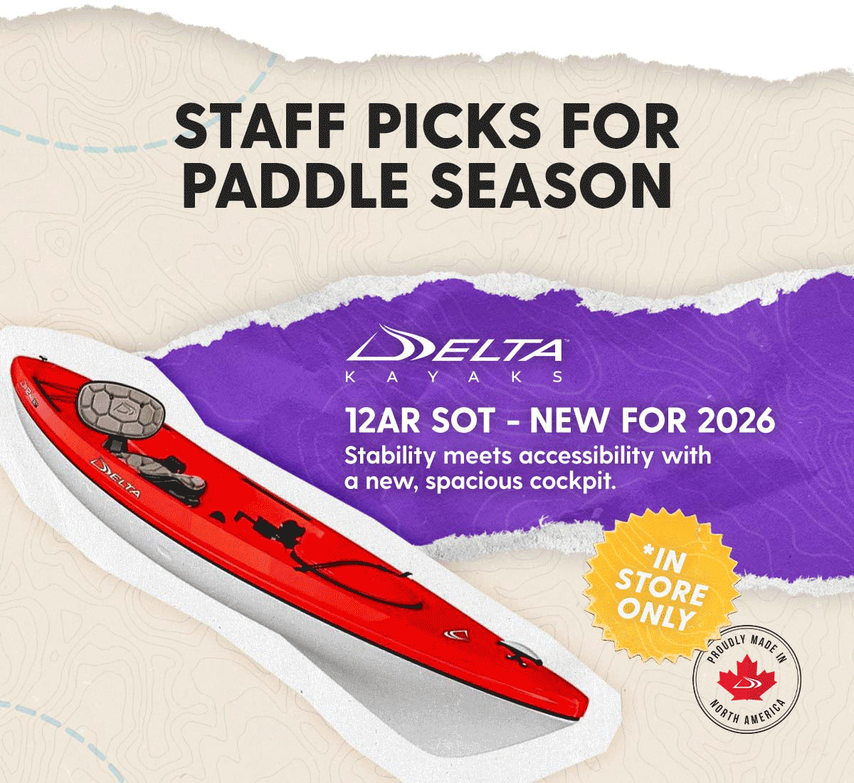 Staff Pick: Delta Kayaks 12AR SOT - New for 2026! Stability meets accessibility with a new, spacious cockpit. (*in store purchase only)