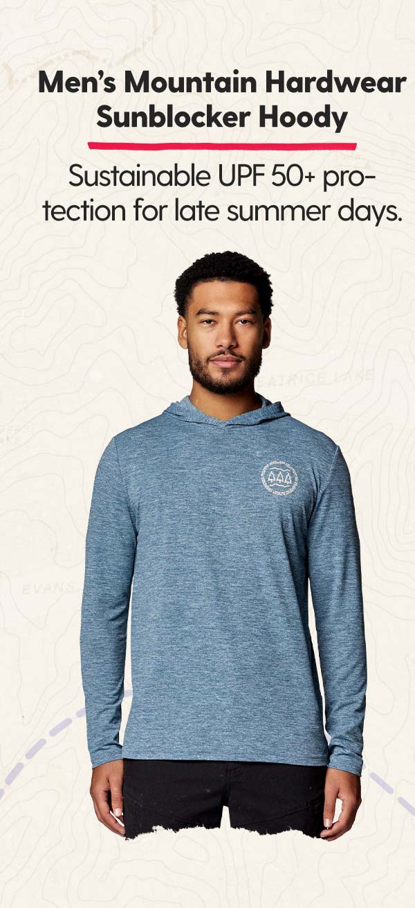 Men’s Mountain Hardwear Sunblocker Hoody: Sustainable UPF 50+ protection for late summer days.