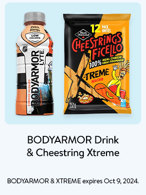 BODYARMOR Drink & Cheestring Xtreme - BODYARMOR & XTREME expires Oct 9, 2024.