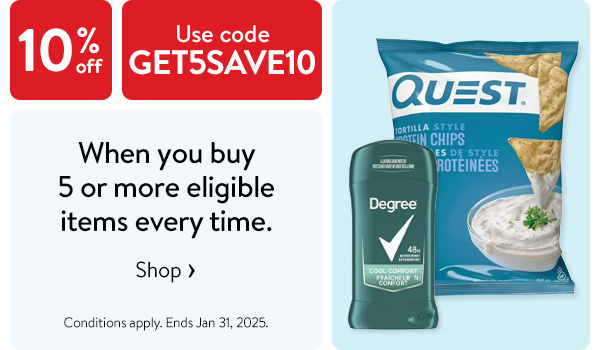 10% off - When you buy 5 or more eligible items every time - Use code GET5SAVE10 - Conditions apply. Ends Jan 31, 2025.