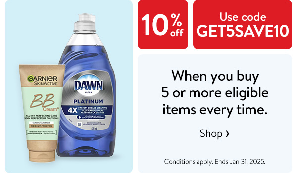 10% off - When you buy 5 or more eligible items every time. Use code GET5SAVE10 - Conditions apply. Ends Jan 31, 2025.