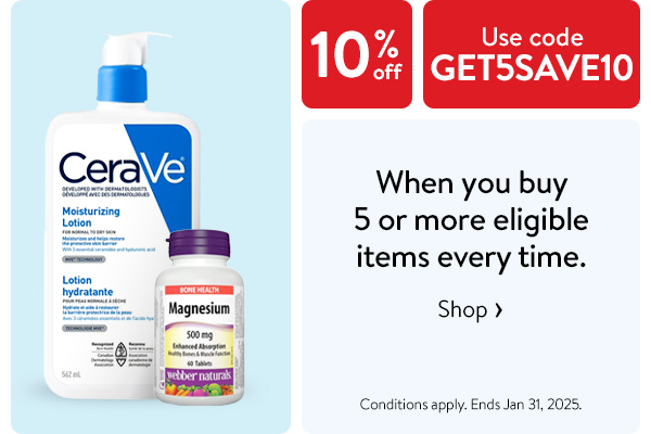 10% off - When you buy 5 or more eligible items every time - Use code GET5SAVE10 - Conditions apply. Ends Jan 31, 2025.