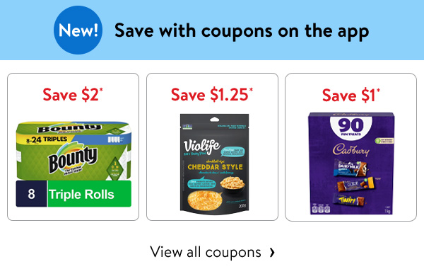 New! Save with coupons on the app - Save $2* - Bounty Paper Towels | Save $1.25* - Violife Cheddar Style Shreds | Save $1* - Cadbury Candy Variety Pack