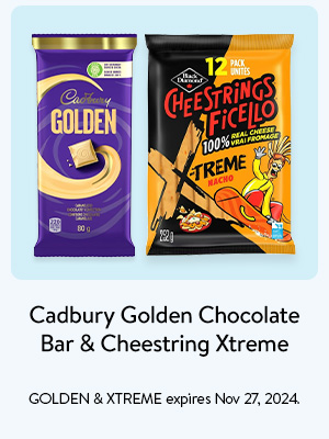 Cadbury Golden Chocolate Bar & Cheestring Xtreme - GOLDEN & XTREME expires Nov 27, 2024.